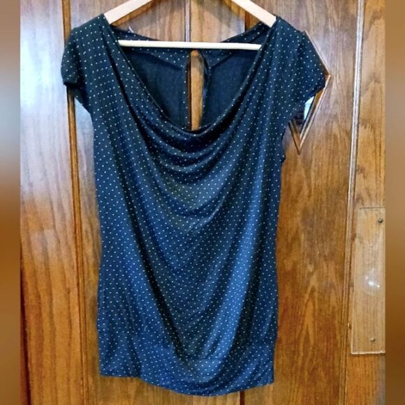 Express Cowl Neck Polkadot Open Back Short Sleeve Top SMALL Navy - Picture 1 of 11